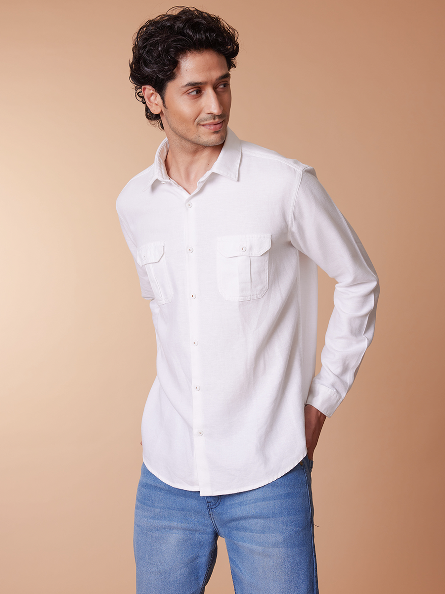 Front Pleated Cotton Linen White Shirt - Koro