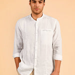 Linen white mandarin collar full sleeve shirt - Aspire