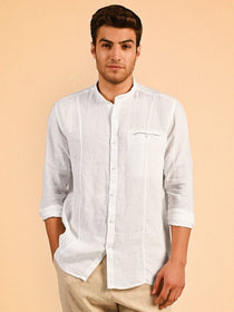 Linen white mandarin collar full sleeve shirt - Aspire
