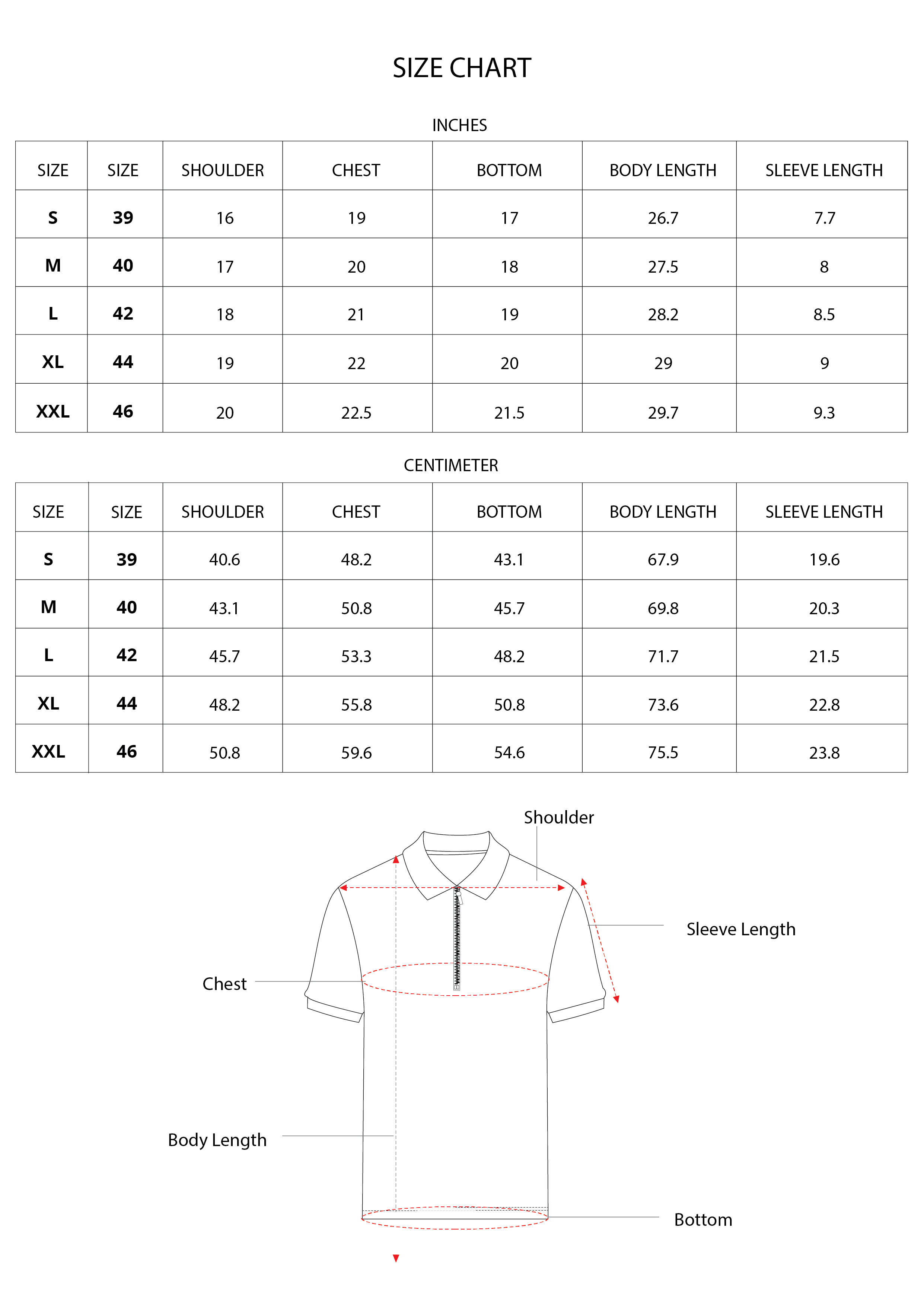 Size chart for Inches