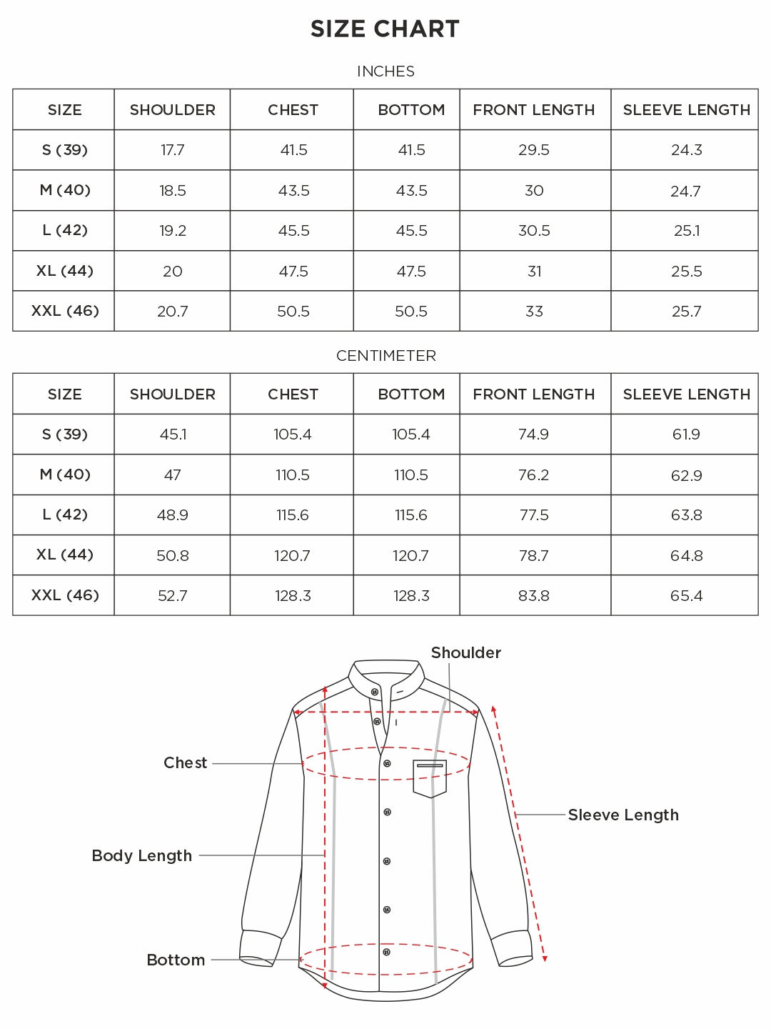 Size chart for Inches