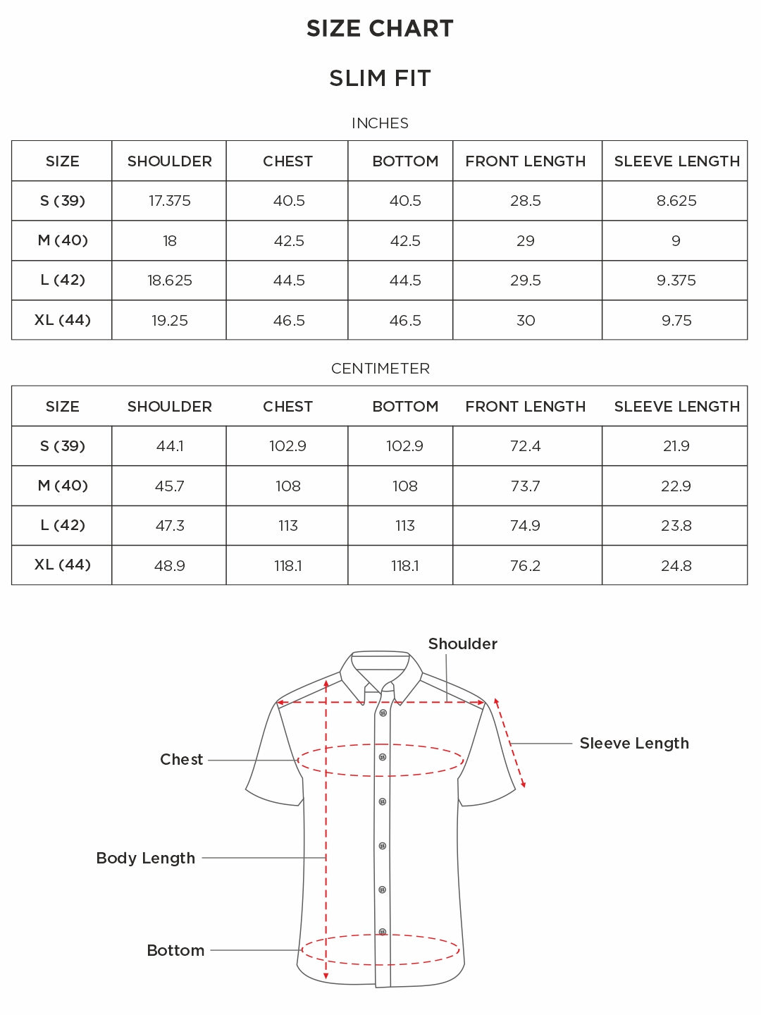 Size chart for Inches