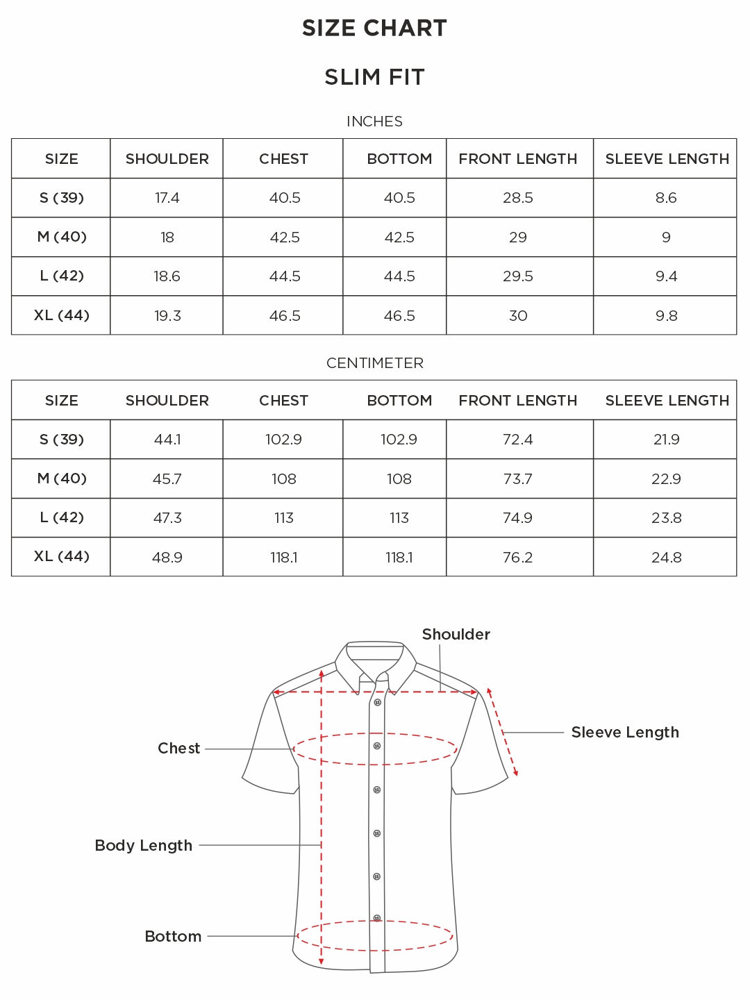 Size chart for Inches