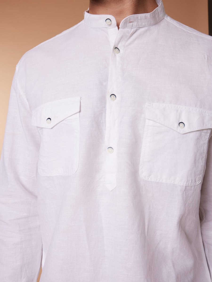 Flap Pocket Cotton Linen White Kurta - Flape