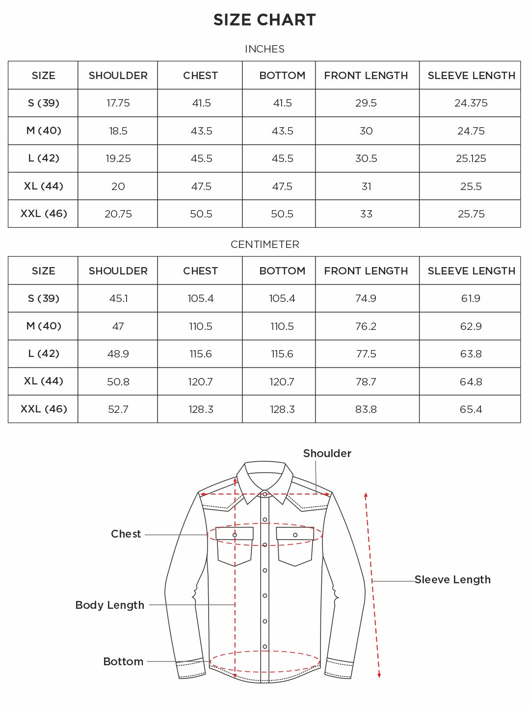 Size chart for Inches
