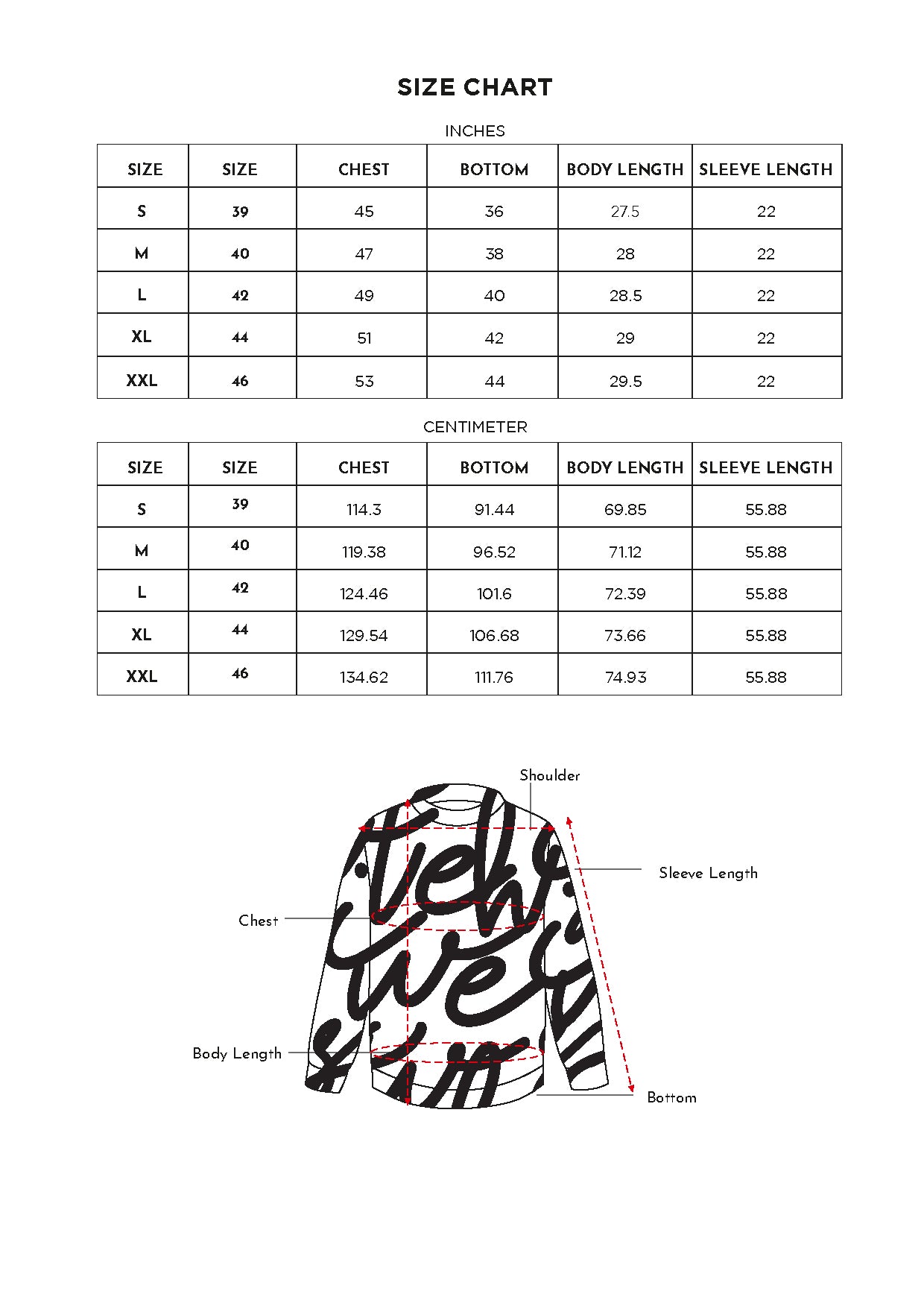 Size chart for Inches