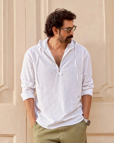 Cocoon White Linen Blend Hooded Zipper Shirt
