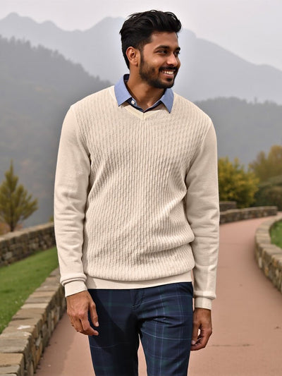 Den White V-Neck Full Sleeve T-shirt / Sweater
