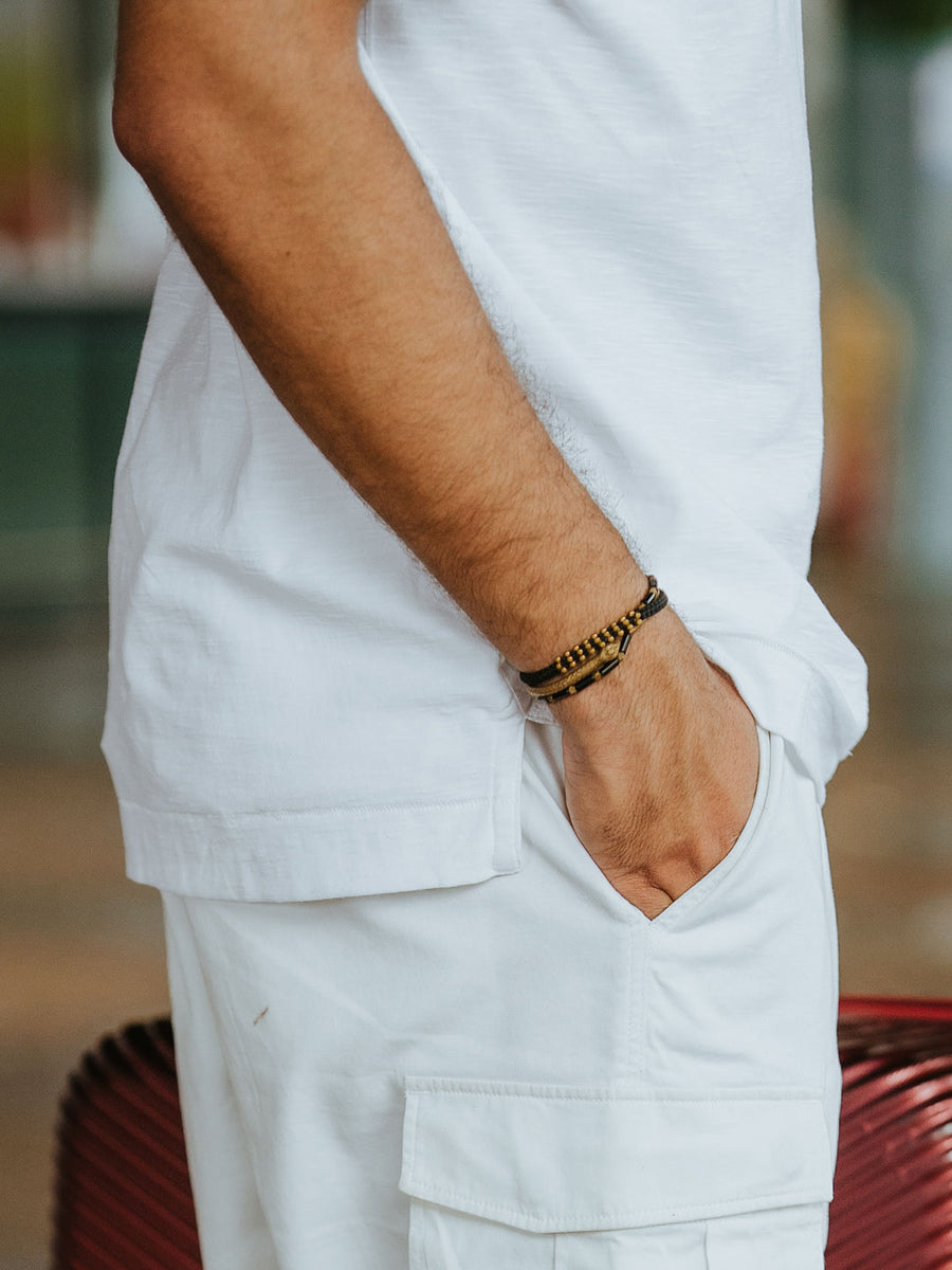 Taupe Detail Drop Shoulder White T-Shirt - Aura