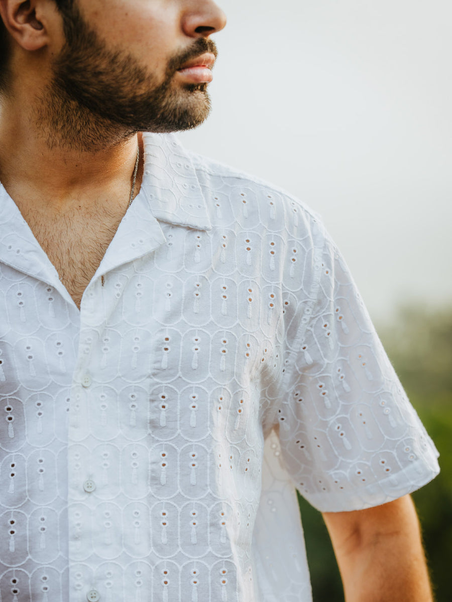 Pure Cotton Embroidered White Shirt for Men - Retreat