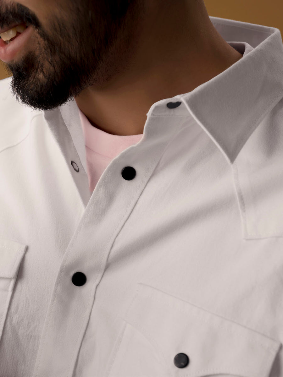 Contrast Button Cotton Twill White Shirt - Caravan