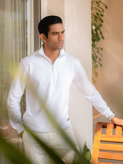 White Cotton Crew-Neck Zipper Sweatshirt - Summit