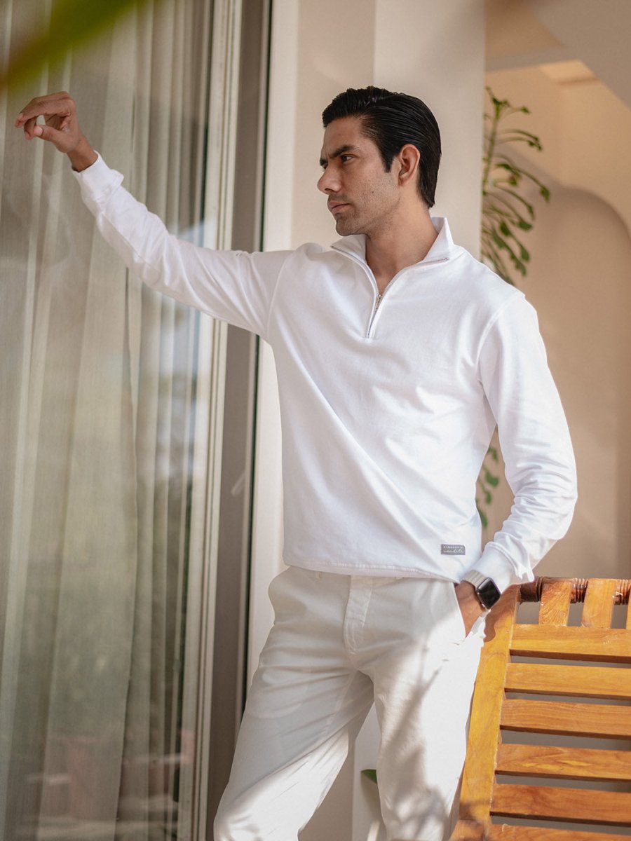 White Cotton Crew-Neck Zipper Sweatshirt - Summit