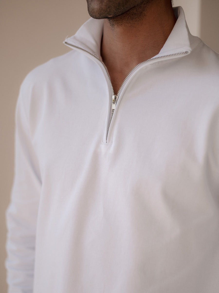 Turtle Neck Half Zipper White Cotton Pullover - Summit