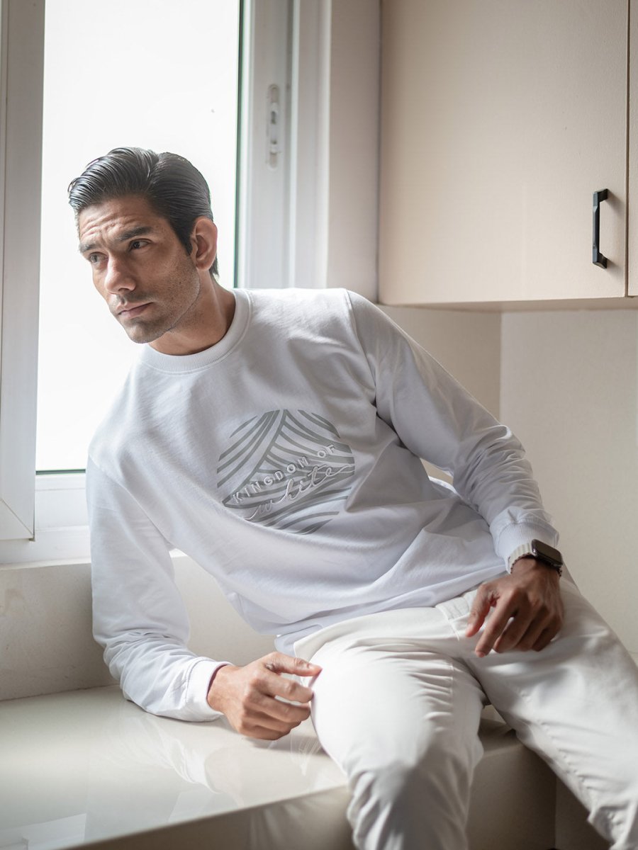 White Full-Sleeve Cotton Crew Neck T-Shirt - Emblem
