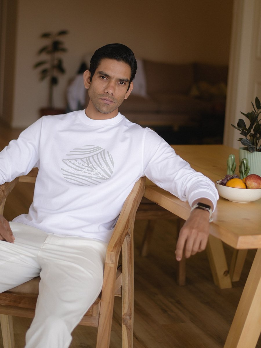 White Full-Sleeve Cotton Crew Neck T-Shirt - Emblem