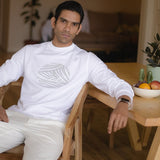 White Full-Sleeve Cotton Crew Neck T-Shirt - Emblem