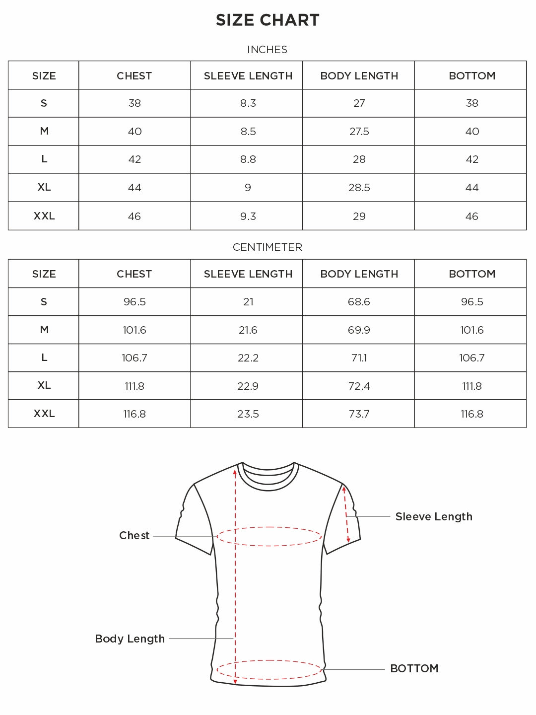 Size chart for Inches