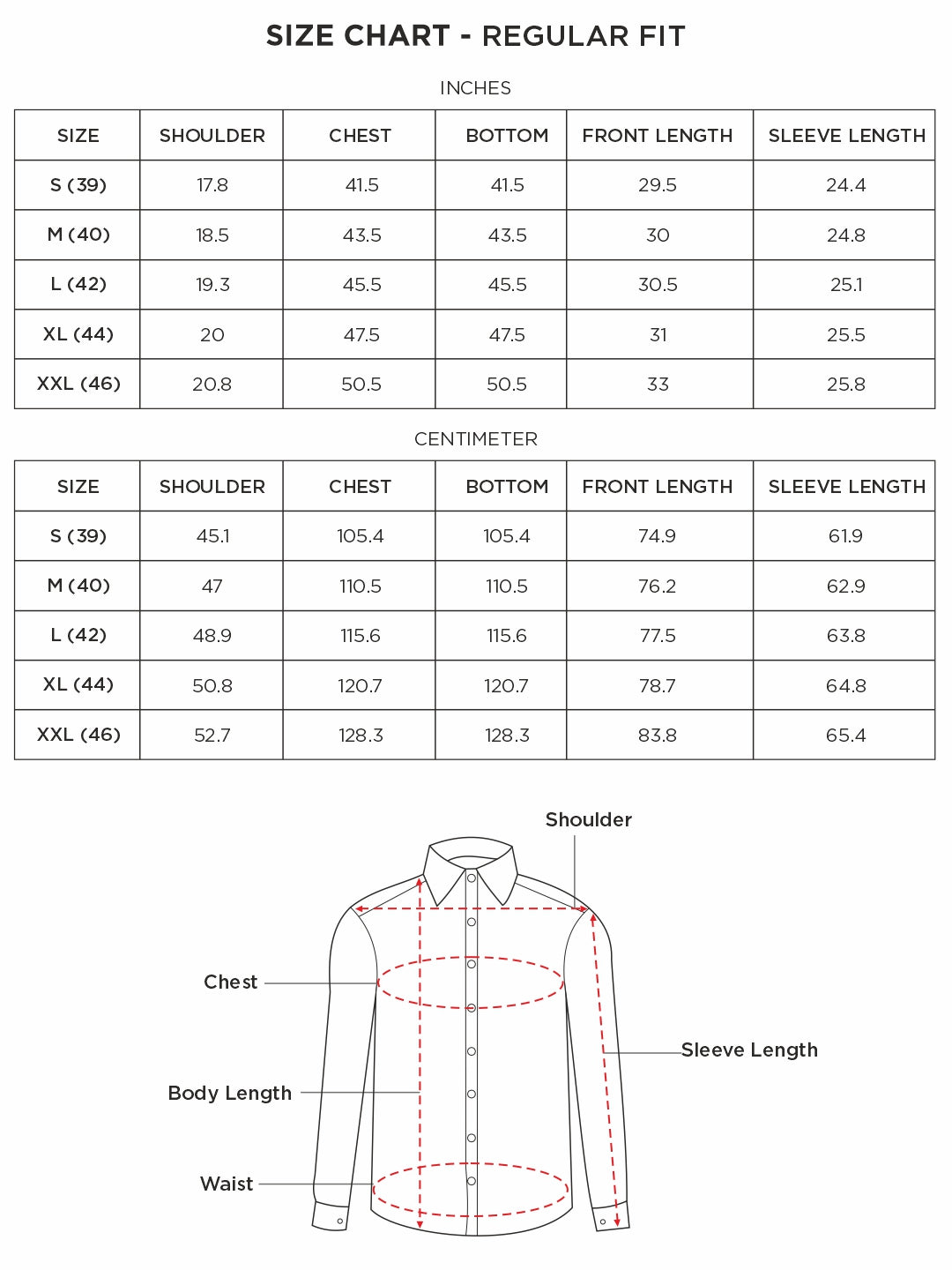 Size chart for Inches