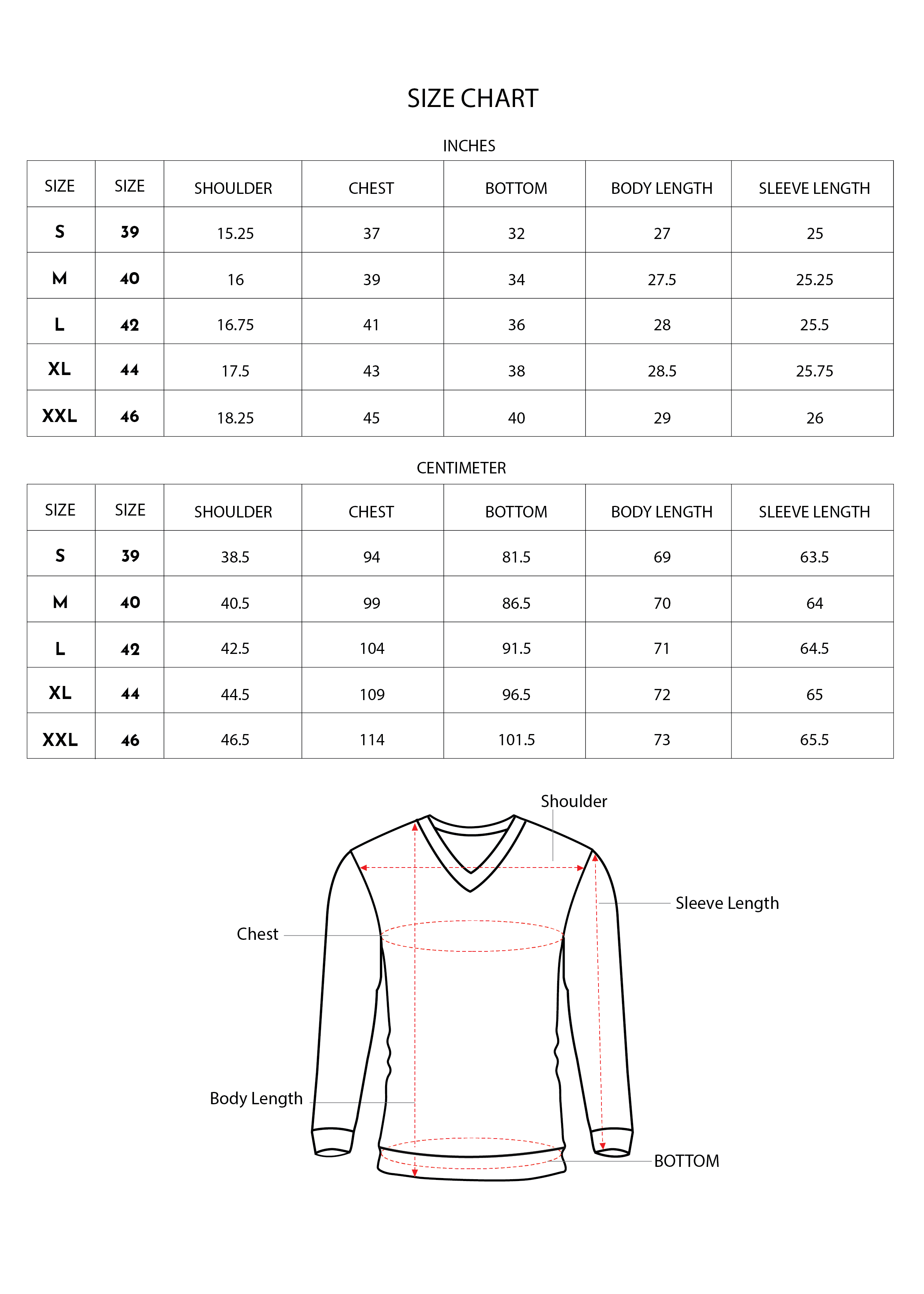 Size chart for Inches