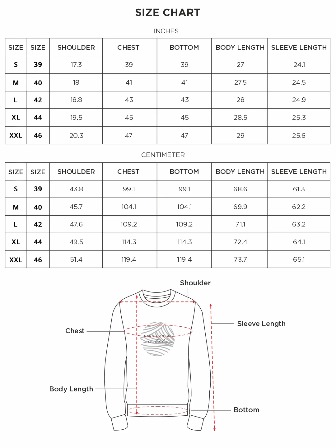Size chart for Inches
