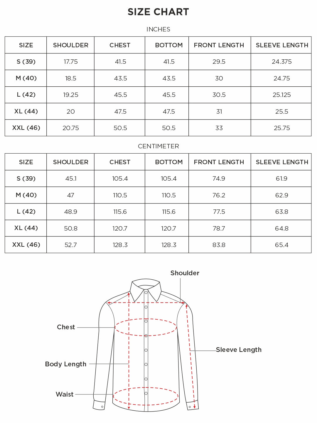 Size chart for Inches
