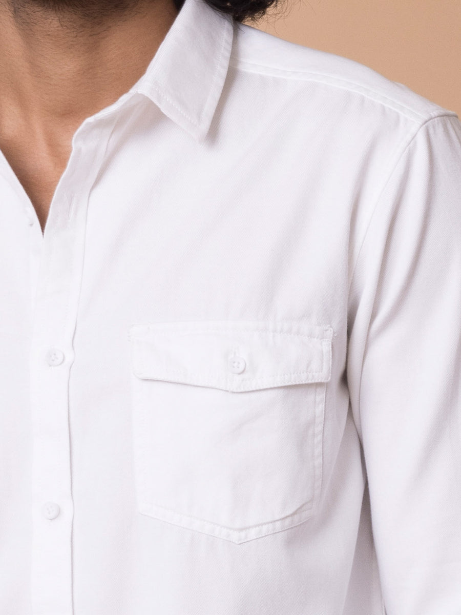 Double Flap Pocket Cotton White Shirt - Zeal