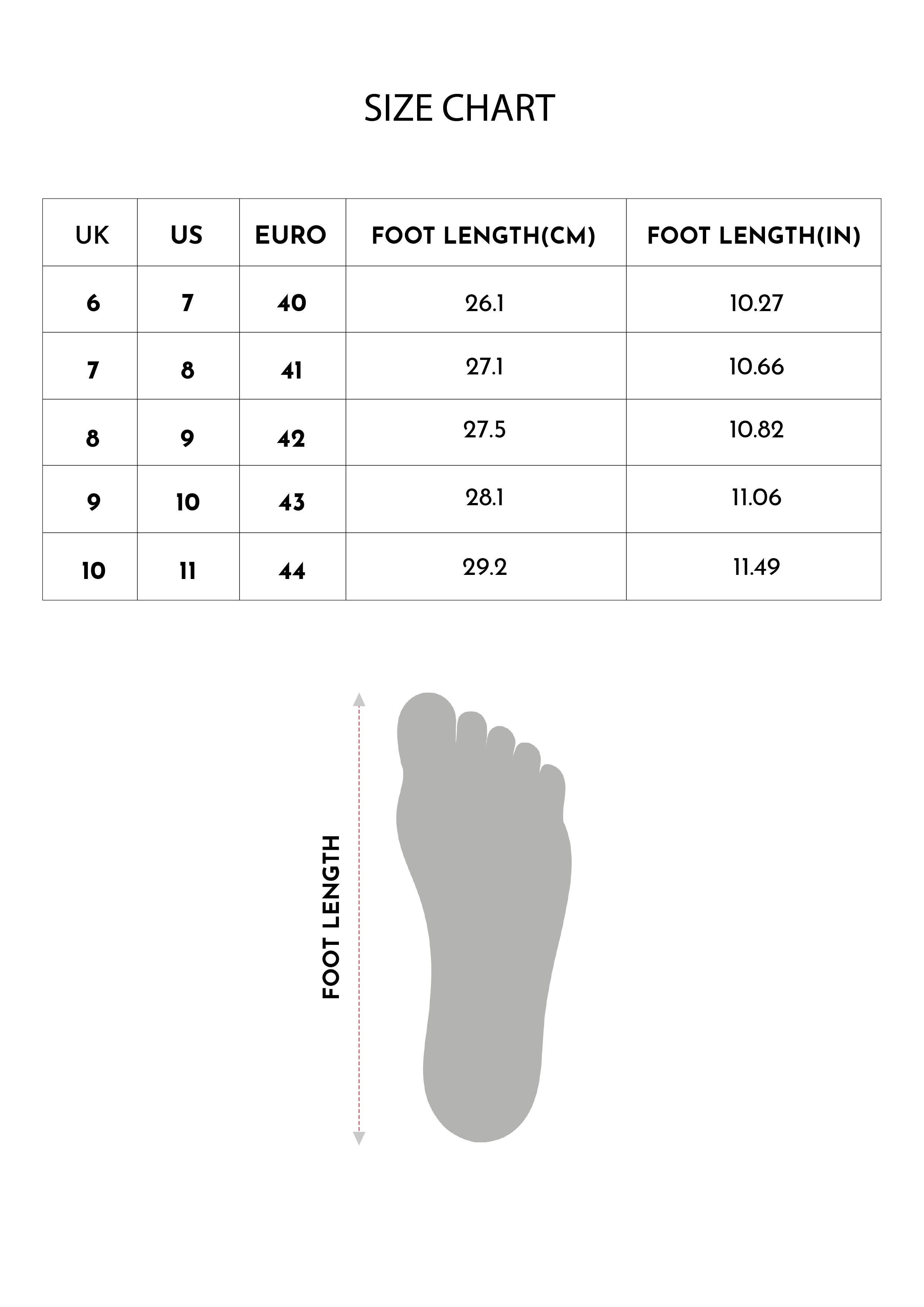 Size chart for Inches