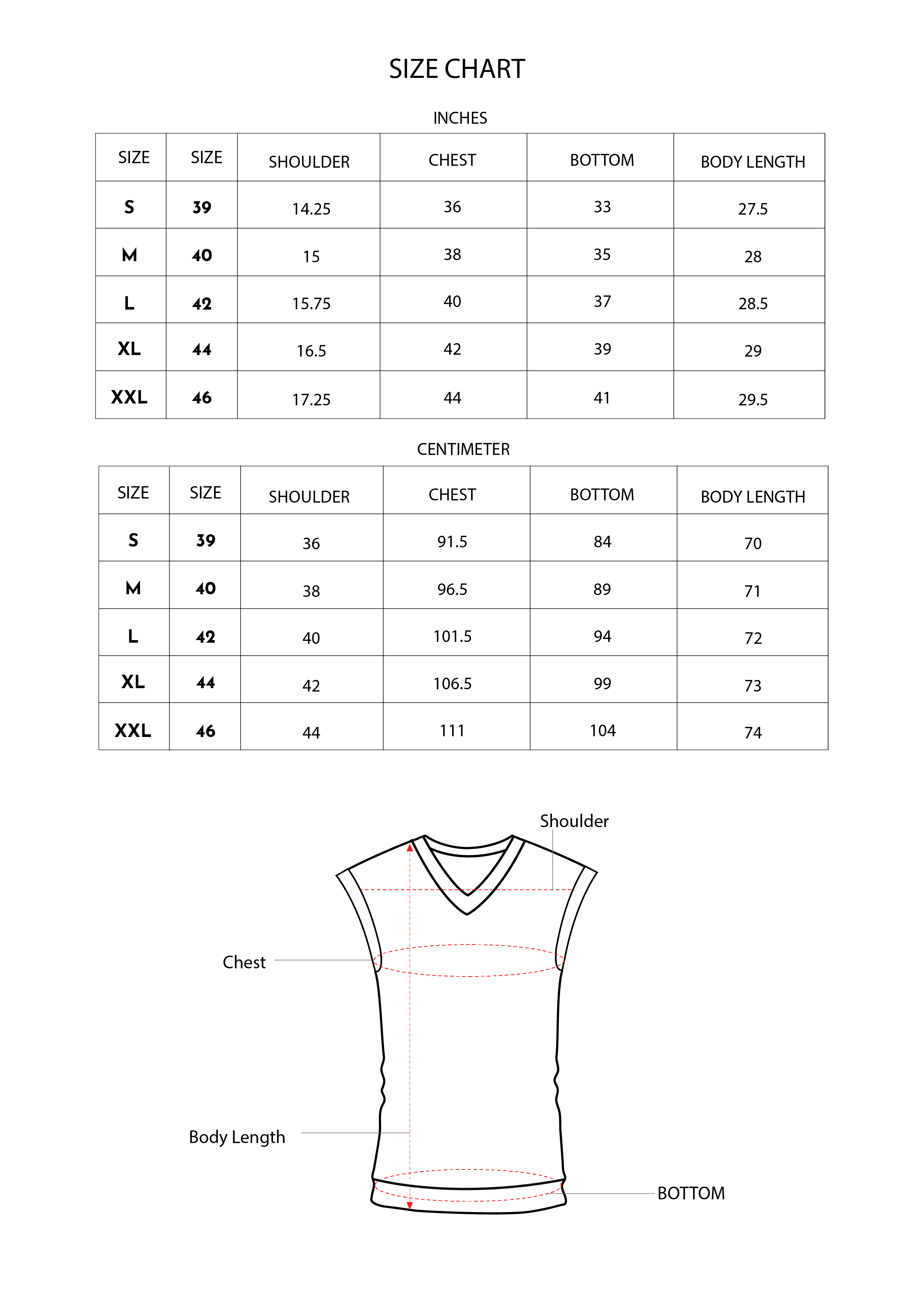 Size chart for Inches