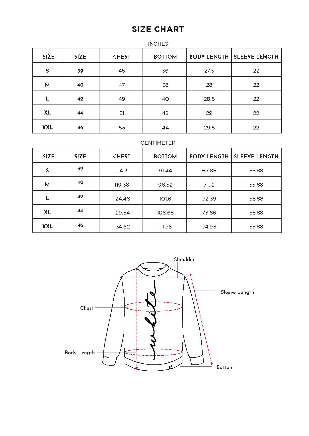 Size chart for Inches
