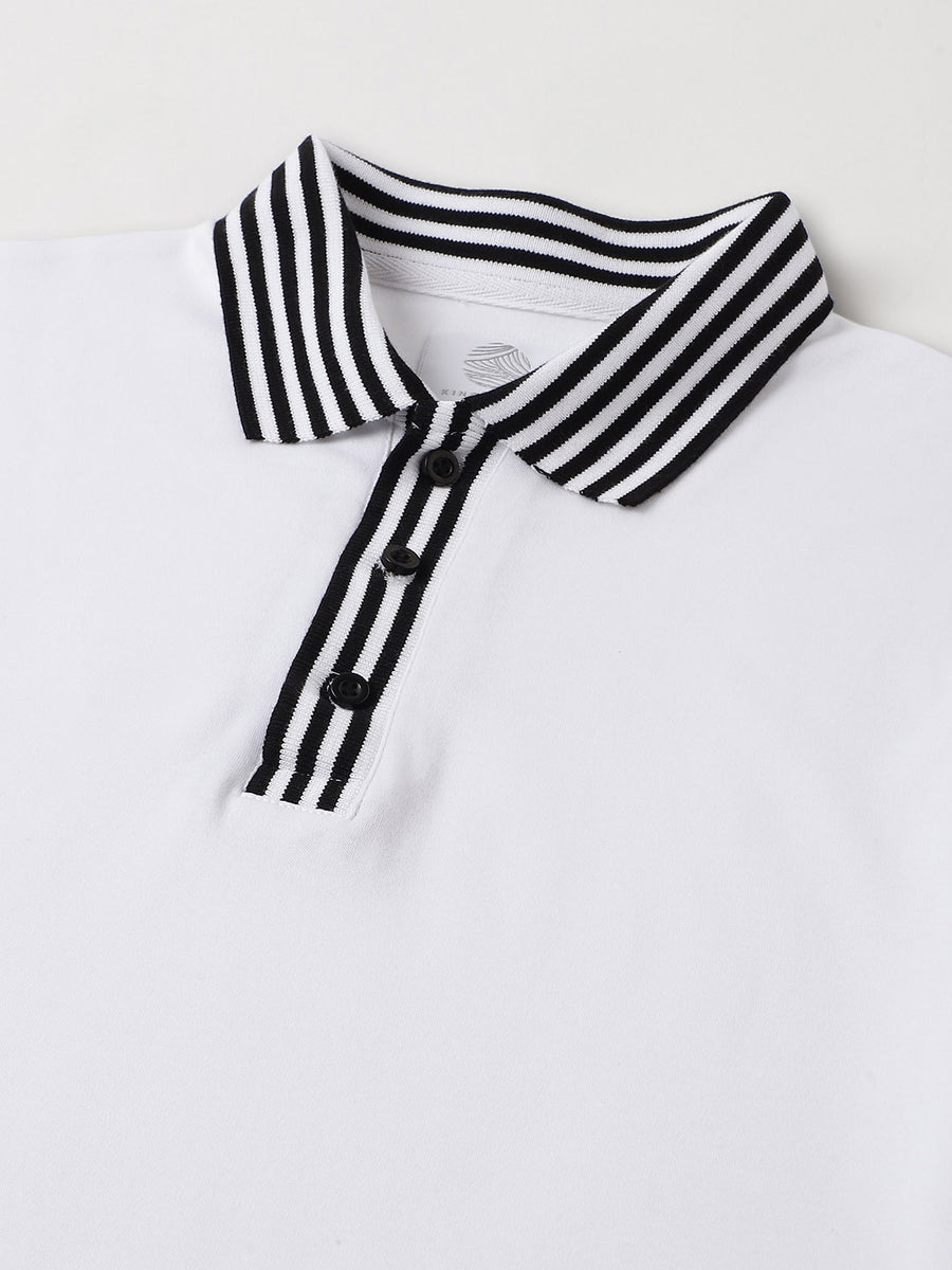 Black Striped Collar Pure Cotton White Polo - Piano