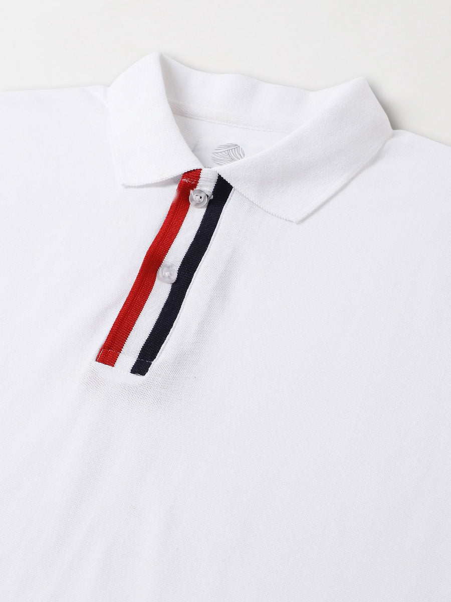 Black & Red Pure Cotton Striped Polo Neck White T-shirt - Converge