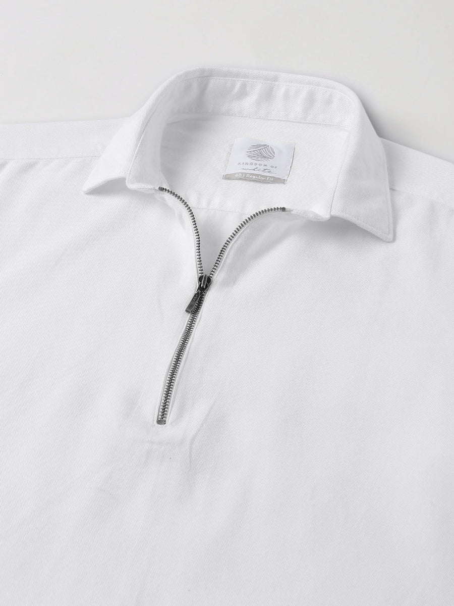 Zipper Collar Cotton Twill White Shirt - Zip Log