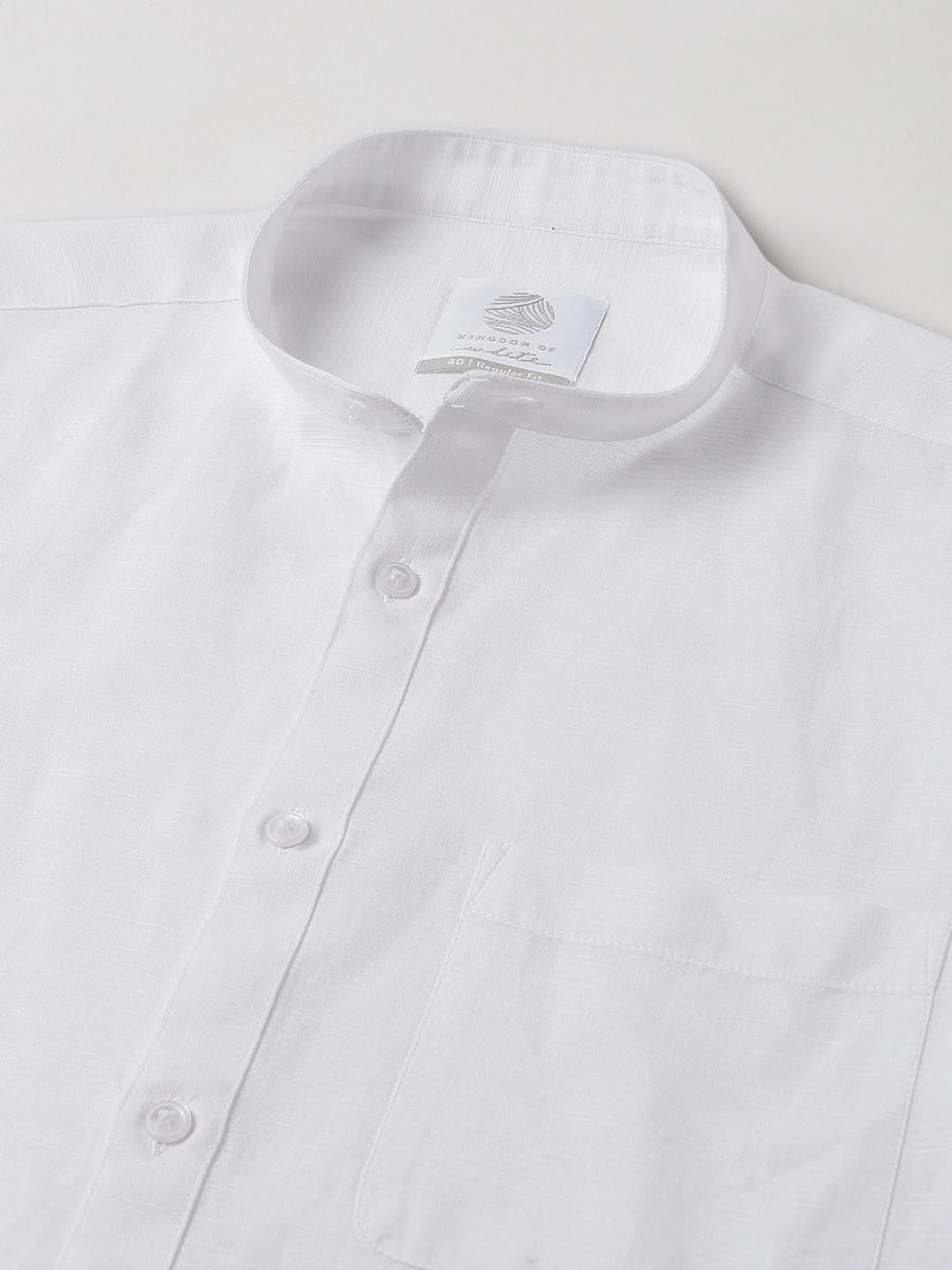 White Mandarin Collar Cotton Linen Shirt - Zephyr