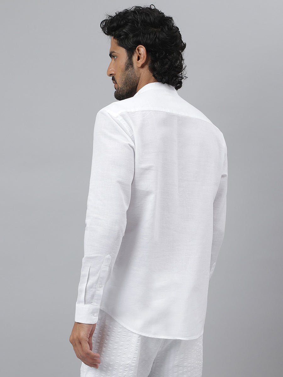 White Mandarin Collar Cotton Linen Shirt - Zephyr