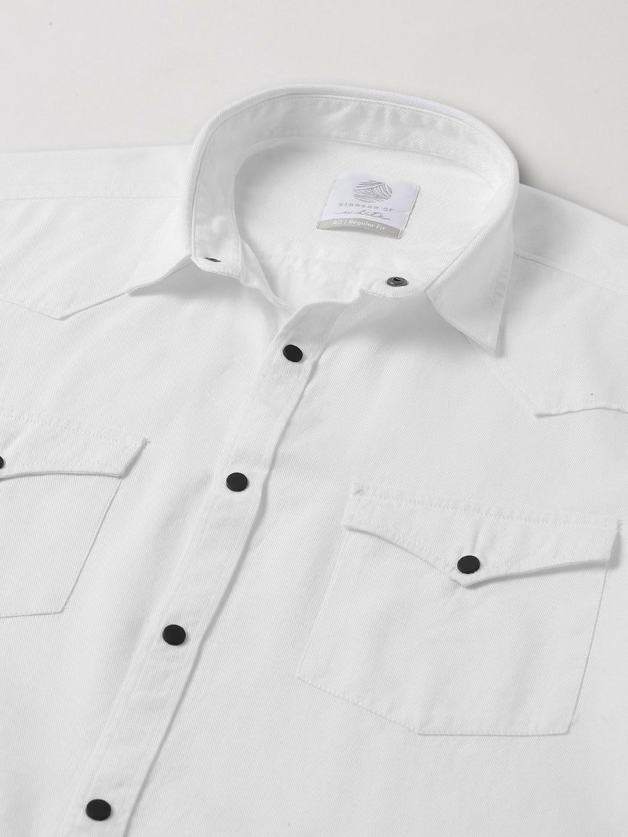 Contrast Button Cotton Twill White Shirt - Caravan