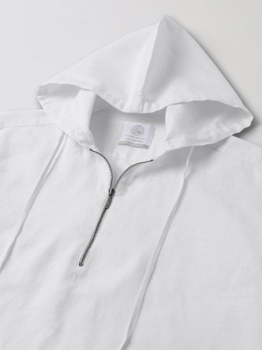 Zipper Collar Linen White Hoodie - Cocoon
