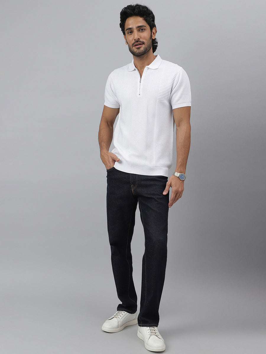 Zipper Polo Knit White T-shirt - Ascend
