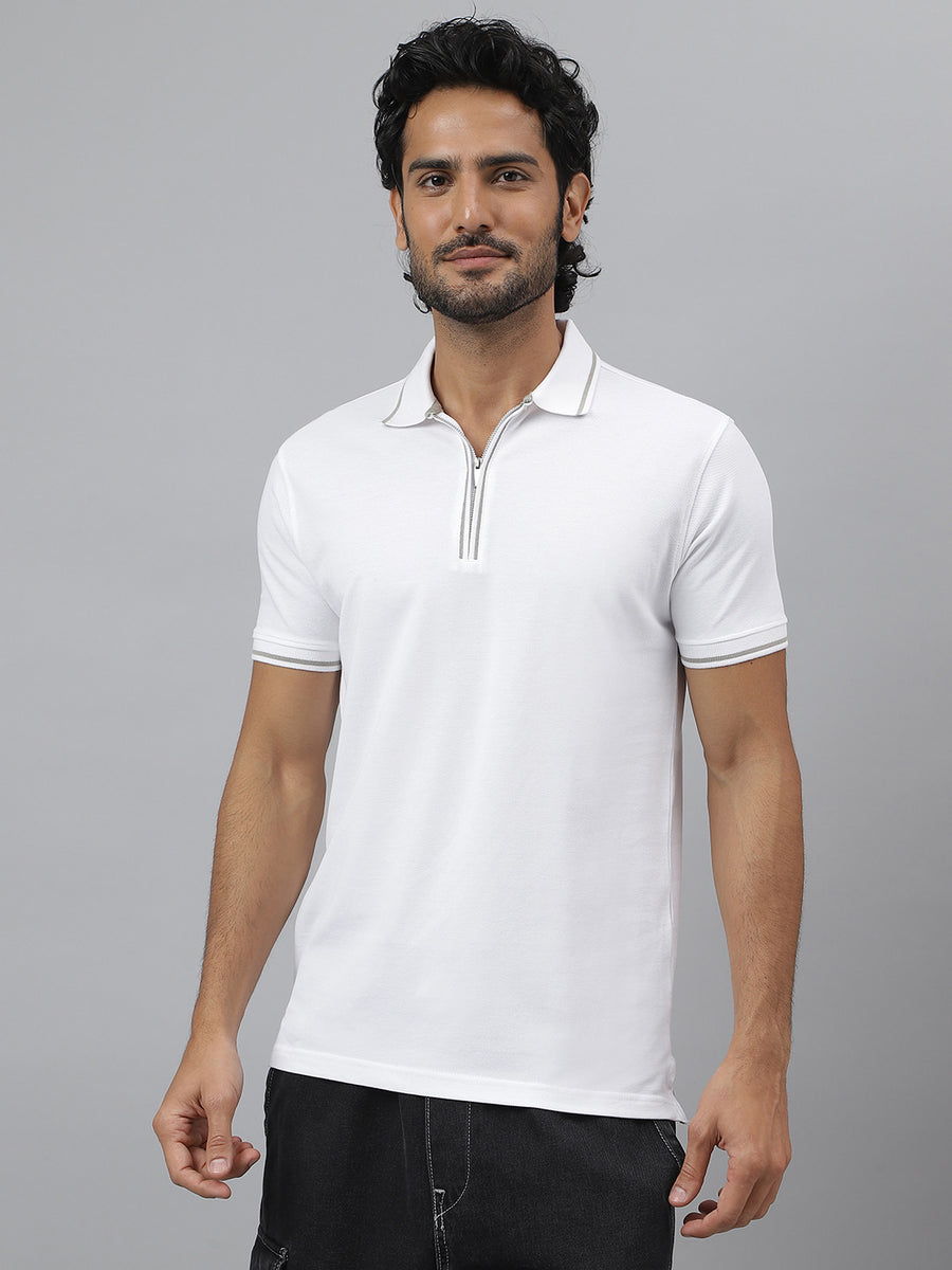 Zipper Detail Pure Cotton White Polo T-Shirt - Swift