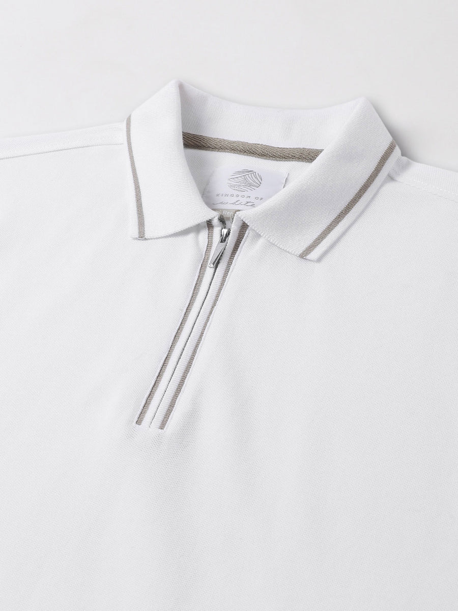 Zipper Detail Pure Cotton White Polo T-Shirt - Swift