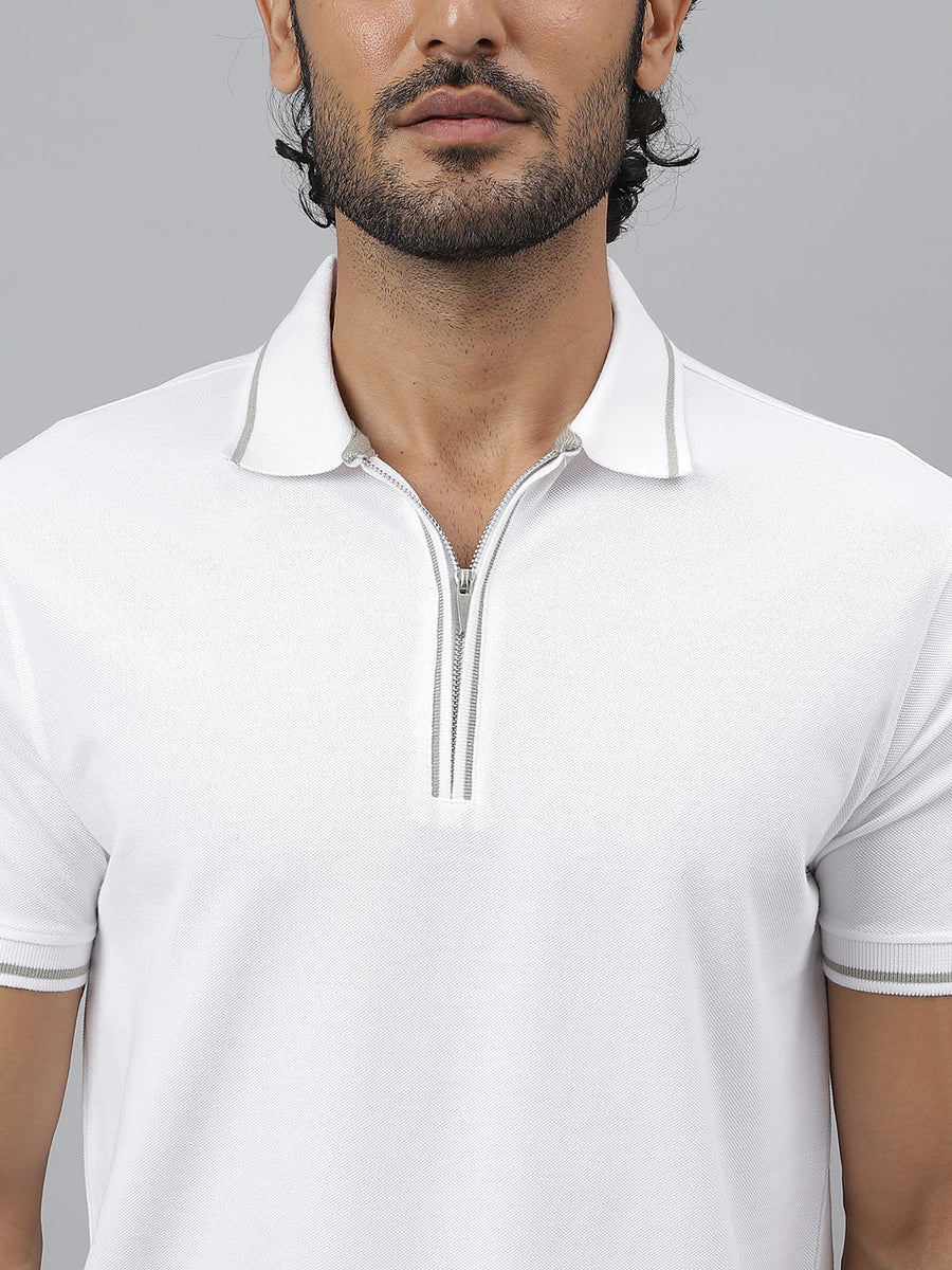 Zipper Detail Pure Cotton White Polo T-Shirt - Swift