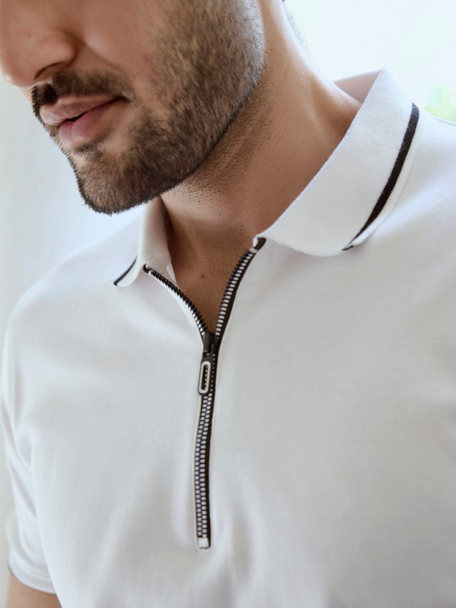 White Cotton Polo T-Shirt with Black Tipped Collar - Diverge