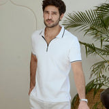 White Cotton Polo T-Shirt with Black Tipped Collar - Diverge