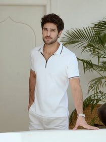 White Cotton Polo T-Shirt with Black Tipped Collar - Diverge