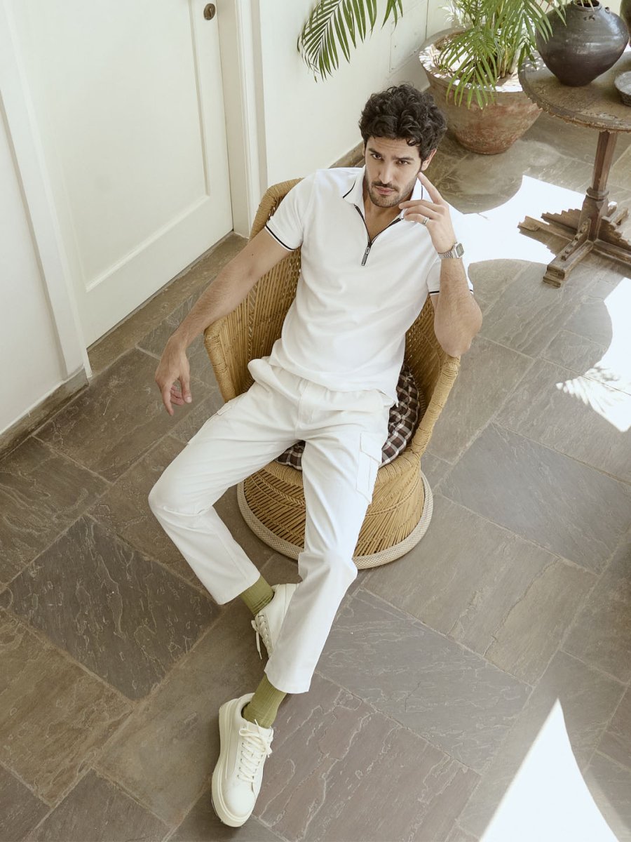 White Cotton Polo T-Shirt with Black Tipped Collar - Diverge