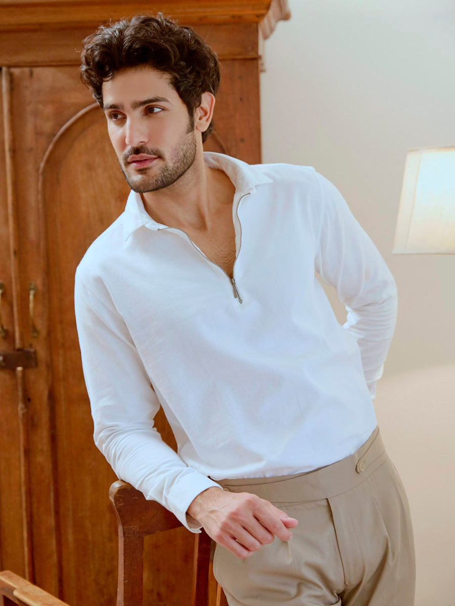 Zipper Collar Cotton Twill White Shirt for Men - Zip Log
