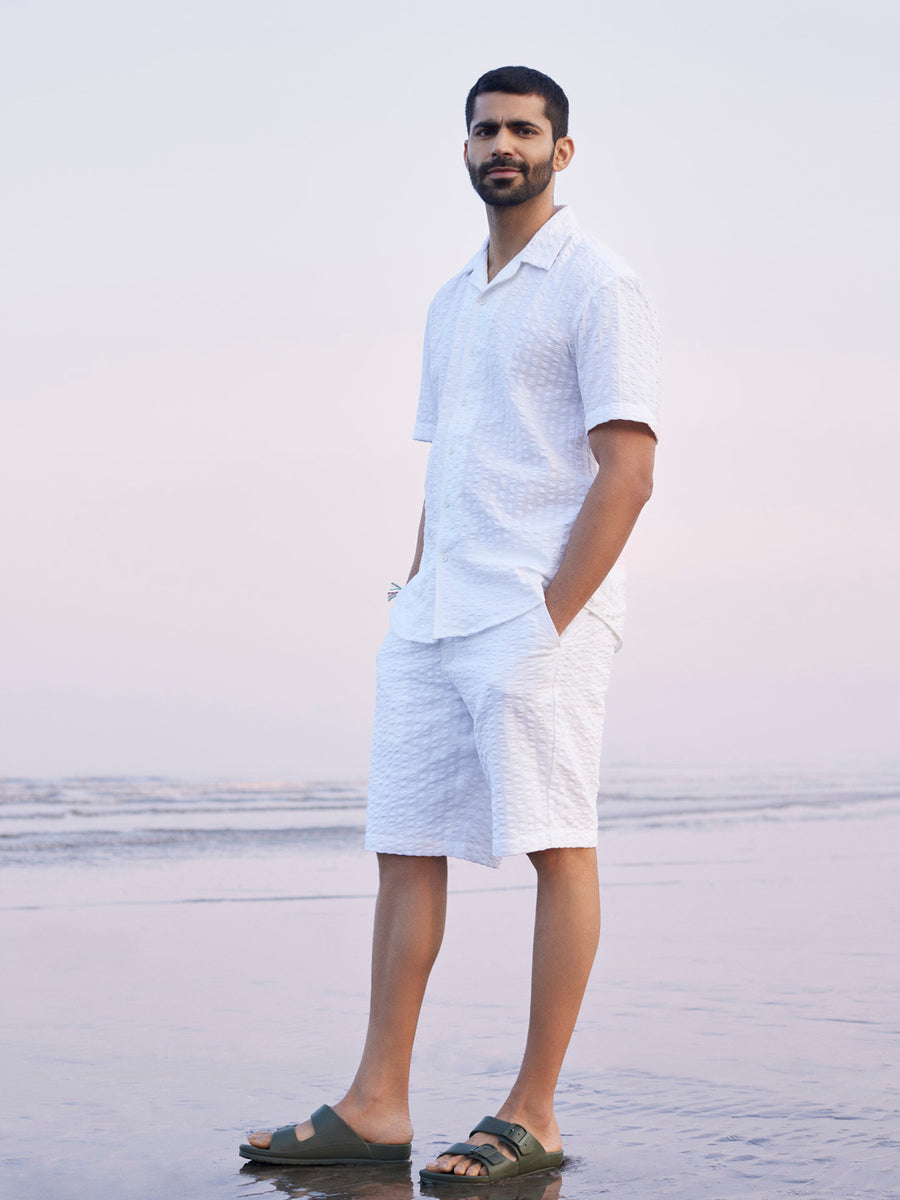 100% Cotton White Seersucker Shorts - Contrails