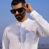 White cotton & linen Mandarin collar shirt Zephyr