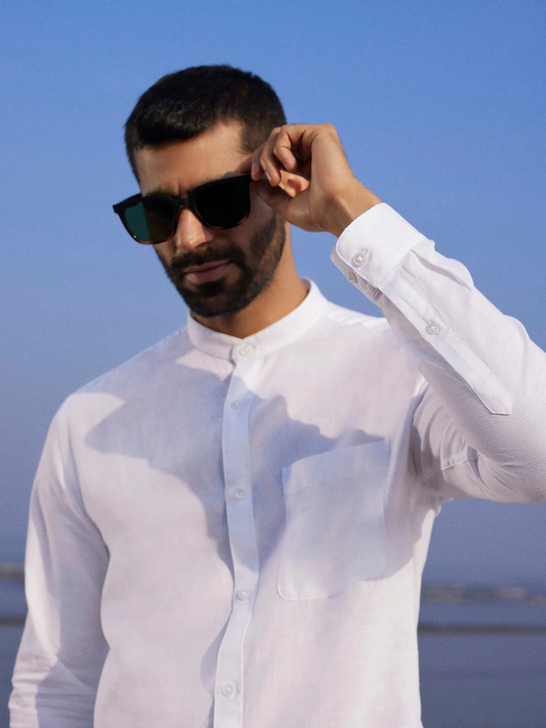 White cotton & linen Mandarin collar shirt Zephyr