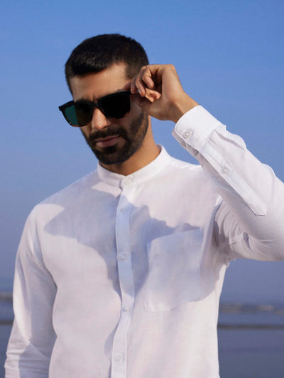 White cotton & linen Mandarin collar shirt Zephyr